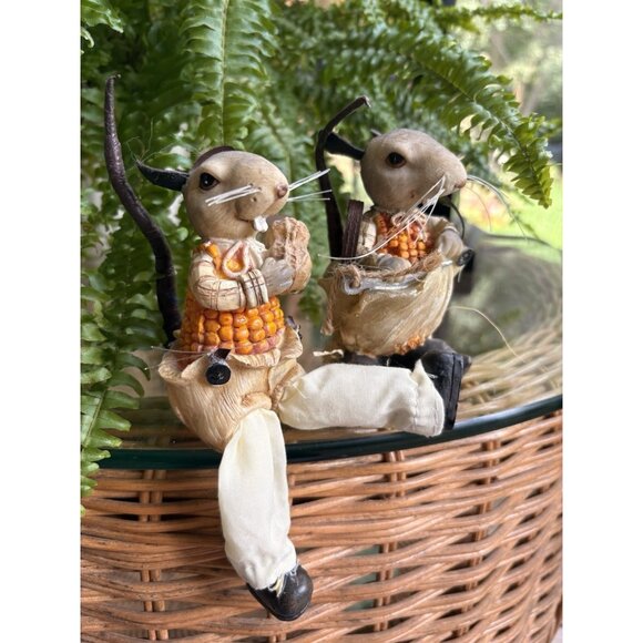2 Country Mice Mouse Corn Cob Shelf Sitters Cottage Fall Decor 5” Vintage - Picture 1 of 8